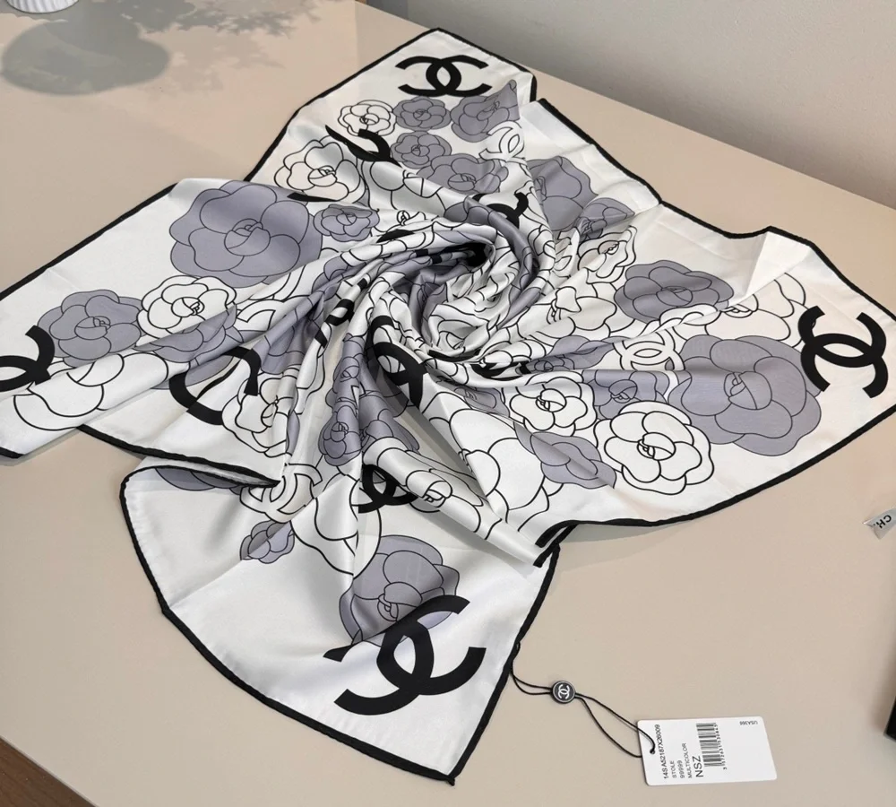 Chanel Camellia & CC Logo Silk Scarf